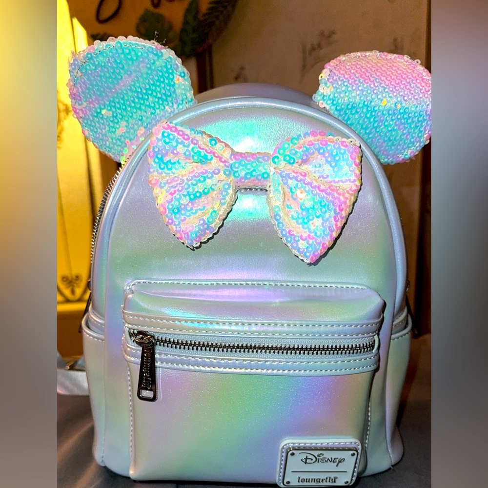 Loungefly Disney Minnie Mouse Iridescent Sequin Ears Mini Backpack Nwot